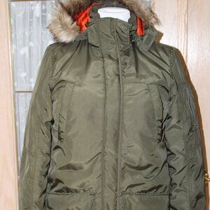 H&M Youth Girl Quilted Hooded Pea Coat SZ 14Y Olive Green Faux Fur